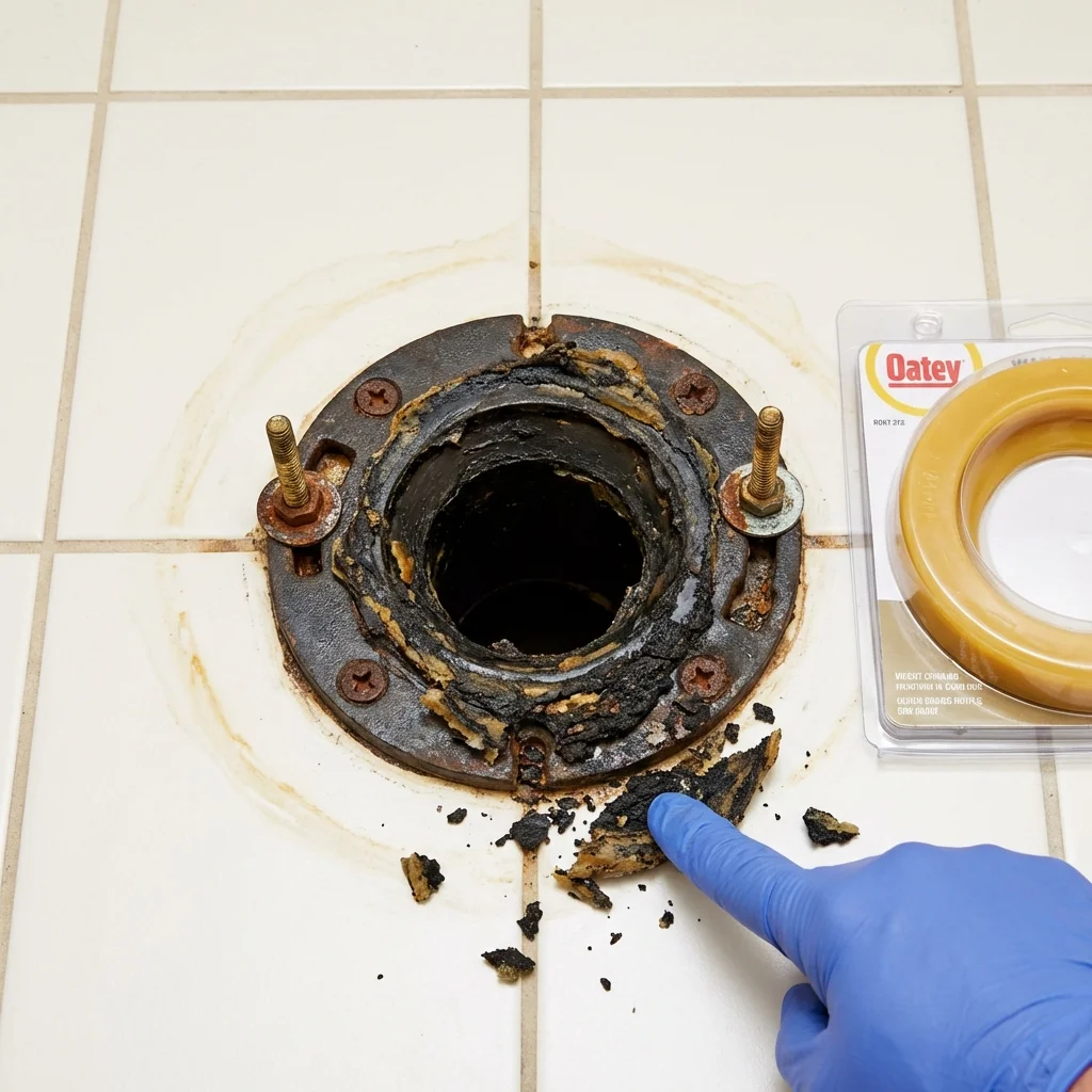 Failed wax ring showing water seepage at the base of a toilet in a Kingsland, TX home