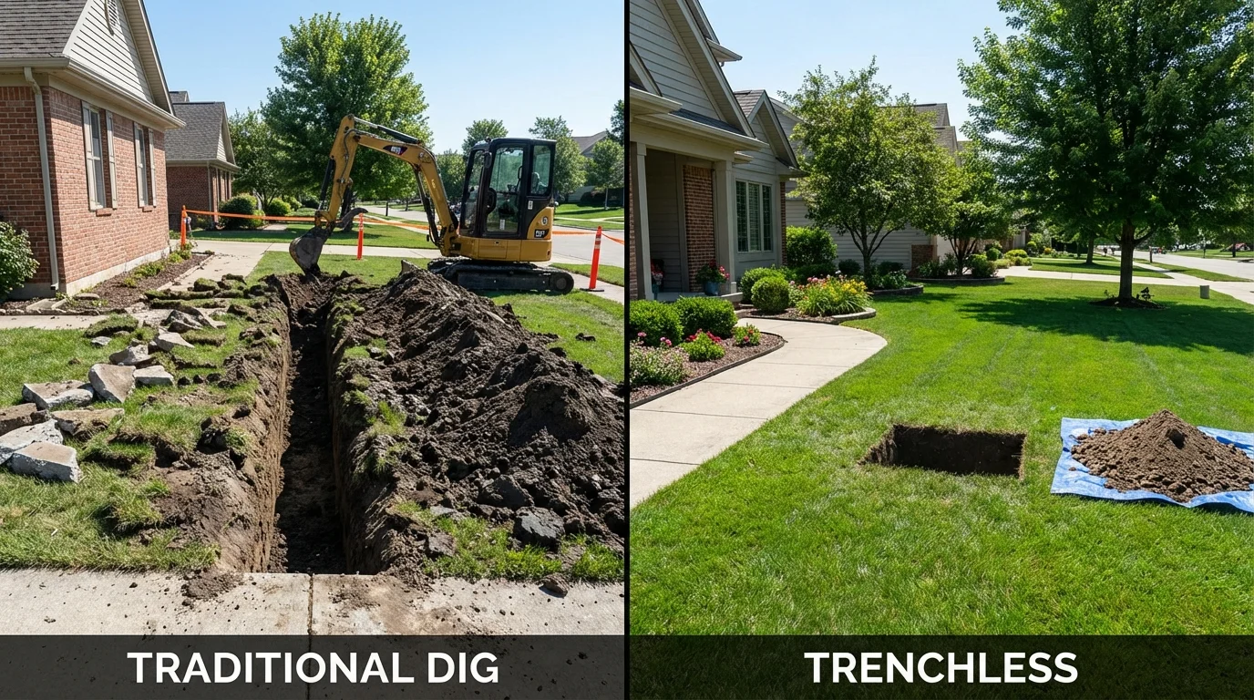 Trenchless sewer repair with minimal yard damage versus traditional excavation in Kingsland, TX