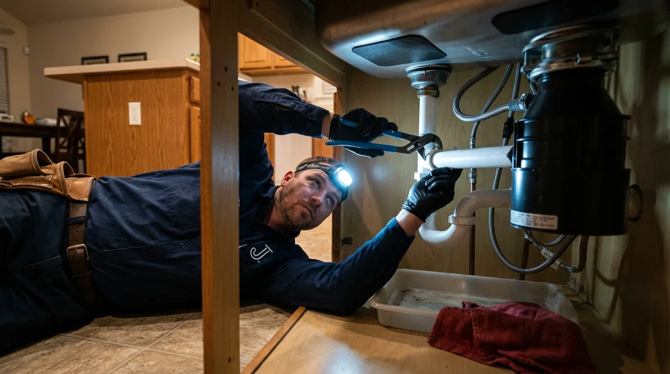 P-trap and supply line connections under a kitchen sink showing a common leak point in Kingsland, TX